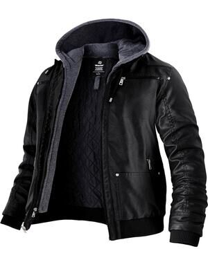 Wantdo Men's Faux Leather w/Removable Hood Motorcycle Jacket Winter Coat Small